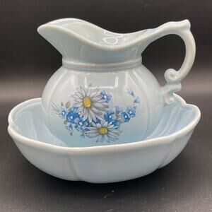 Vintage McCoy Pottery Blue Daisy Pitcher and Basin #7528